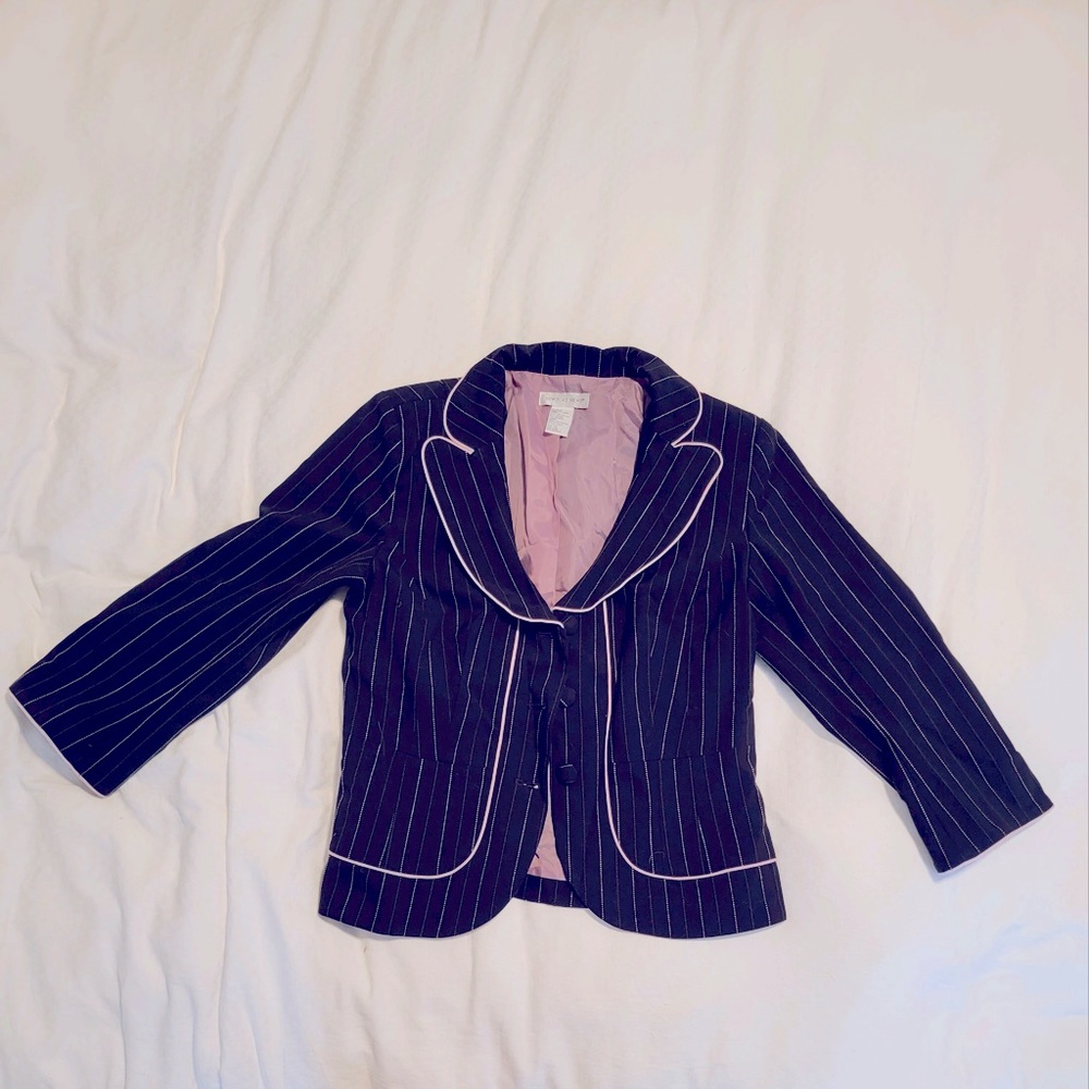 Vintage Newport News blazer, black with pink pinstripes. Size 12.